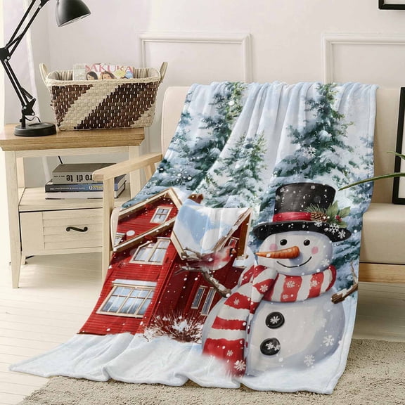 Christmas Throw Flannel Blanket 40x50In Winter Red Snowman Farmhouse Xmas Trees Snowfall Super Soft Cozy Bed Blanket, Lightweight Plush Fuzzy Bed Throw for Bedroom Sofa Couch Living Room