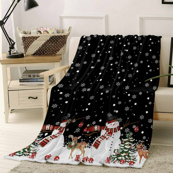 Christmas Throw Flannel Blanket 40x50In Winter Snowman Xmas Tree Deer Snowflakes Black Super Soft Cozy Bed Blanket, Lightweight Plush Fuzzy Bed Throw for Bedroom Sofa Couch Living Room