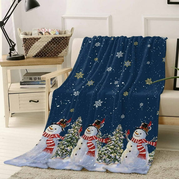 Christmas Throw Flannel Blanket 40x50In Winter Xmas Snowman Pine Tree Snowflakes Navy Blue Super Soft Cozy Bed Blanket, Lightweight Plush Fuzzy Bed Throw for Bedroom Sofa Couch Living Room