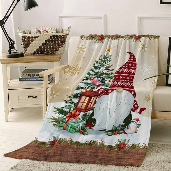 Christmas Throw Flannel Blanket 40x50In Xmas Dwarfs Pine Tree Snowflakes Yellow Wood Grain Super Soft Cozy Bed Blanket, Lightweight Plush Fuzzy Bed Throw for Bedroom Sofa Couch Living Room
