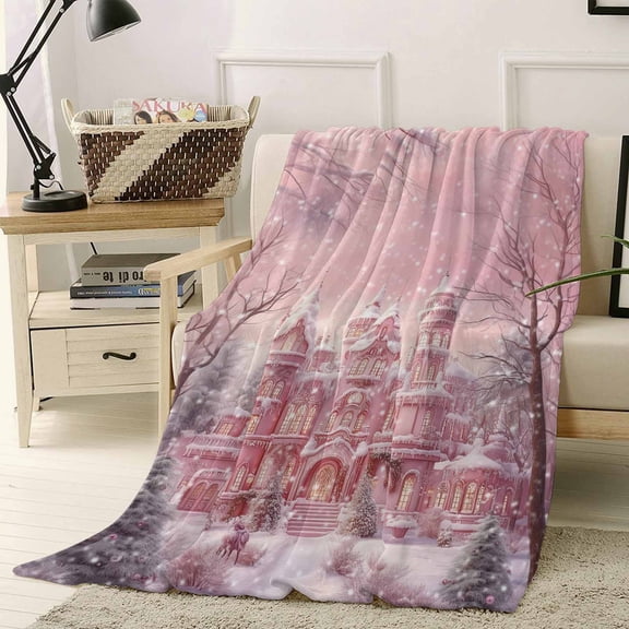 Christmas Throw Flannel Blanket 50x60In Pink Winter Snow Castle Pine Tree Snowing Super Soft Cozy Bed Blanket, Lightweight Plush Fuzzy Bed Throw for Bedroom Sofa Couch Living Room