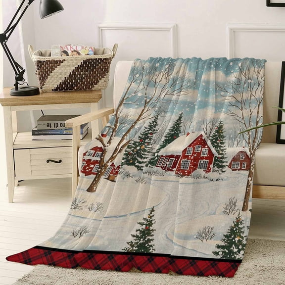 Christmas Throw Flannel Blanket 50x60In Winter Country House Holly Snow Red Stripes Super Soft Cozy Bed Blanket, Lightweight Plush Fuzzy Bed Throw for Bedroom Sofa Couch Living Room