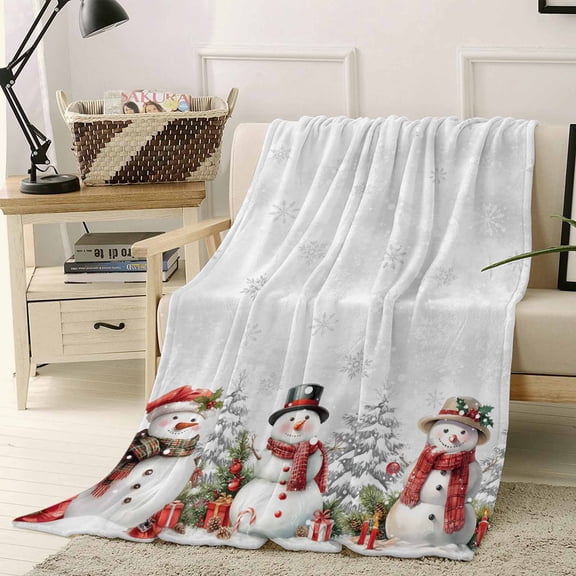 Christmas Throw Flannel Blanket 50x60In Winter Snow Scene Snowflakes Snowman Mistletoe Super Soft Cozy Bed Blanket, Lightweight Plush Fuzzy Bed Throw for Bedroom Sofa Couch Living Room