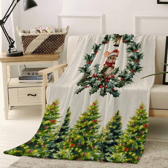 Christmas Throw Flannel Blanket 50x80In Cute Mouse Pine Tree Leaf Wreath Vintage Linen Super Soft Cozy Bed Blanket, Lightweight Plush Fuzzy Bed Throw for Bedroom Sofa Couch Living Room