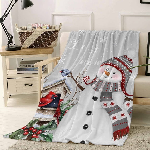Christmas Throw Flannel Blanket 60x80In Red Hat Snowman Xmas Cardinal Bird House Grey Super Soft Cozy Bed Blanket, Lightweight Plush Fuzzy Bed Throw for Bedroom Sofa Couch Living Room