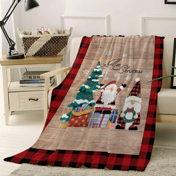 Christmas Throw Flannel Blanket 60x80In Retro Santa Claus Xmas Tree Gifts Red Plaid Wood Grain Super Soft Cozy Bed Blanket, Lightweight Plush Fuzzy Bed Throw for Bedroom Sofa Couch Living Room