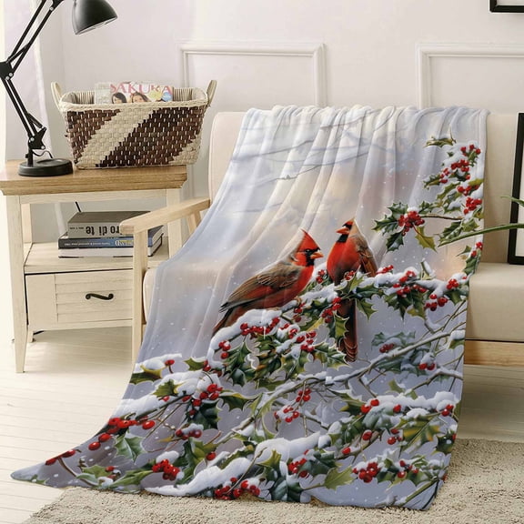 Christmas Throw Flannel Blanket 60x80In Winter Snowfall Forest Bough Cardinal Berries Super Soft Cozy Bed Blanket, Lightweight Plush Fuzzy Bed Throw for Bedroom Sofa Couch Living Room