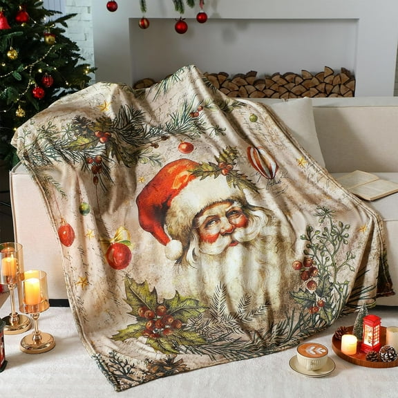 Christmas Throw Flannel Blanket Santa Claus Cozy Fuzzy Warm Throw Blanket with Holiday Themed Print Christmas Gift for Winter Couch Sofa Bed Home Decor