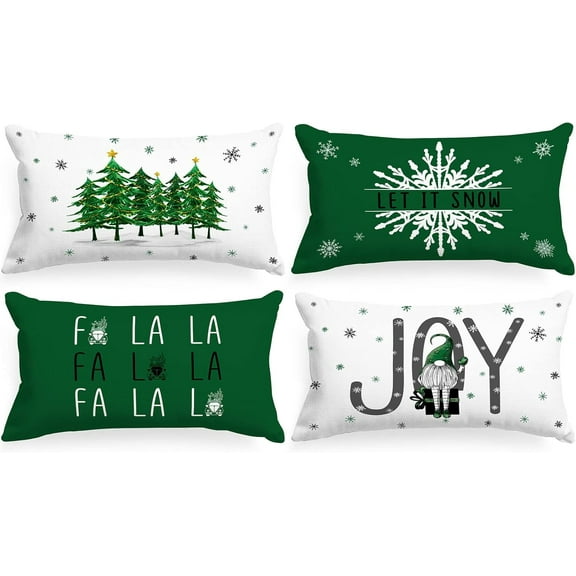 Christmas Throw Lumbar Pillow Covers 12x20 Set of 4, Merry Christmas Xmas Winter Decorative Holiday Cushion Pillow Cases 12 x 20 for Farmhouse Home House Room Couch Decor (Green)