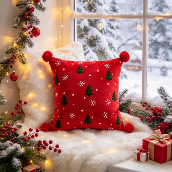 Christmas Throw Pillow Cover Border Squares Cushion Cover Winter Holiday Decorative