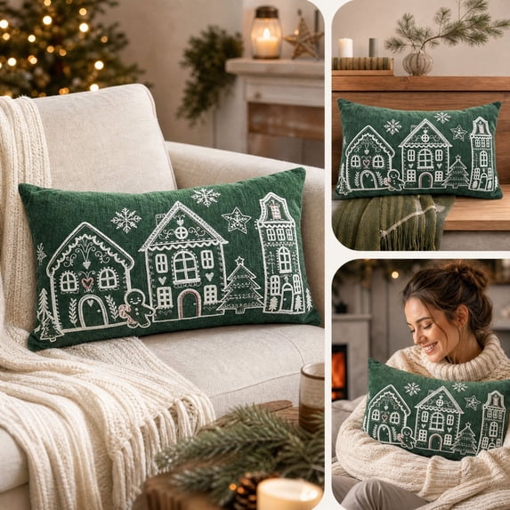 Christmas Throw Pillow Cover, Chenille Gingerbread House Cushion Case with Snowflake Detail, Decorative Sofa Cover for Couch, Bedroom, Chair and Cozy Indoor Holiday Seasonal, Green2