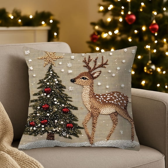Christmas Throw Pillow Cover - Holiday Decorative Pillow Case with Santa Snowman Tree Print, Soft Fabric and Hidden Zipper Pillow Cover Sofa Bed Decor