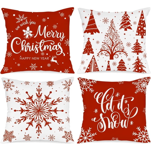 Christmas Throw Pillow Covers 12x12 Set of 4, Merry Christmas Winter Xmas Snowflake Decorative Holiday Cushion Pillow Cases 12 x 12 for Outdoor Indoor Farmhouse Home Room Couch Decor (Red)