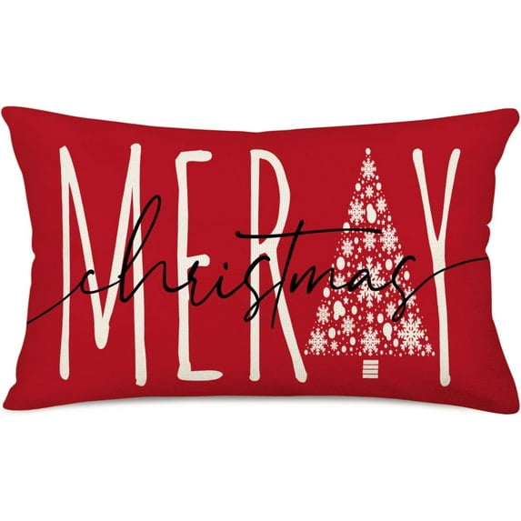 Christmas Throw Pillow Covers 12x20 Inch Merry Bright Xmas Tree Winter Snowflake Snowman White Red Farmhouse Decorations Lumbar Pillow Cases Cotton Linen for Home Sofa Couch