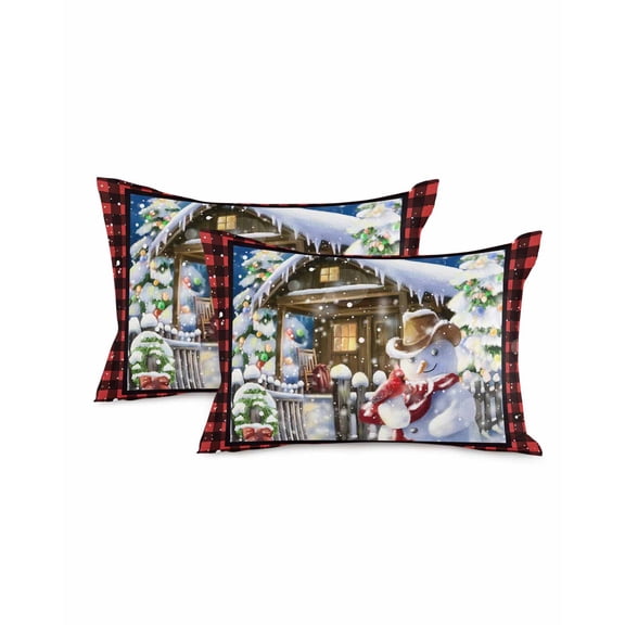 Christmas Throw Pillow Covers 12x20 Inch Set of 2 Snowman Log Cabin Xmas Trees Decorative Pillow Covers Cardinal Bird Snow Cushion Cover Pillowcase for Sofa Couch Bed Winter Holiday Xmas Decor