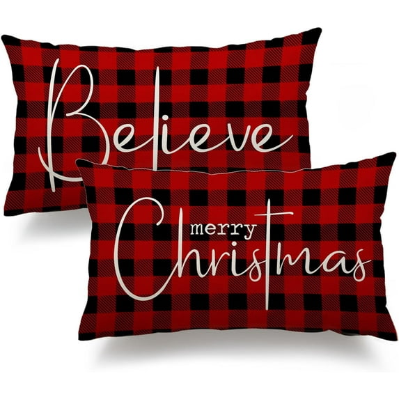 Christmas Throw Pillow Covers 12x20 Inch Set of 2 Merry Christmas Farmhouse Decorations Believe Holiday Decor Throw Cushion Case for Home Couch