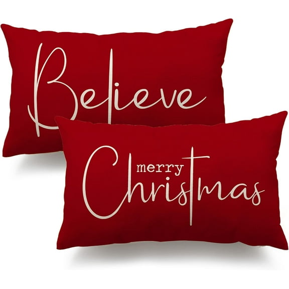 Christmas Throw Pillow Covers 12x20 Inch Set of 2 Merry Christmas Farmhouse Decorations Believe Holiday Decor Throw Cushion Case for Home Couch