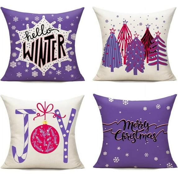Christmas Throw Pillow Covers 16X16 Set of 4 Decorations Ornaments Holiday Outdoor Indoor Vintage Navidad Purple Decor for Home Couch Bed Sofa,Reindeer Marry Tree Joy