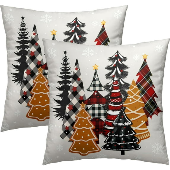 Christmas Throw Pillow Covers 16x16, Gingerbread Buffalo Plaid Xmas Trees Decorative Pillow Cases Soft Cotton Square Cushion Cover for Bed Sofa Car Winter Holiday Decor Set of 2