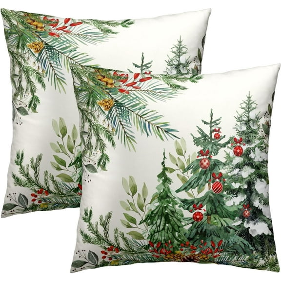 Christmas Throw Pillow Covers 16x16 Set of 2, Winter Xmas Pine Branches Red Berry Bells Decorative Pillow Cases Farmhouse Cotton Square Cushion Cover for Couch Sofa Bed
