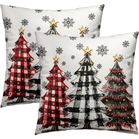 Christmas Throw Pillow Covers 16x16 Set of 2, Winter Xmas Tree Buffalo Check Plaid Snowflakes Decorative Pillow Cases Cotton Linen Cushion Cover for Sofa Couch Living Room Bedroom Porch Outdoor