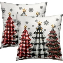 Christmas Throw Pillow Covers 16x16 Set of 2, Winter Xmas Tree Buffalo Check Plaid Snowflakes Decorative Pillow Cases Cotton Linen Cushion Cover for Sofa Couch Living Room Bedroom Porch Outdoor
