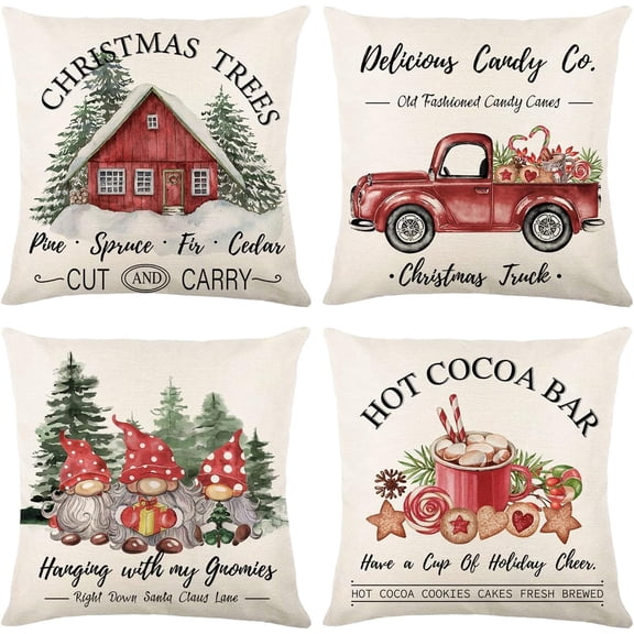 Christmas Throw Pillow Covers 16x16 Set of 4, Merry Christmas Tree Gnome Red Truck Candy Cane Xmas Farmhouse Decorations Rustic Winter Holiday Couch Cover for Sofa Bedroom Home Outdoor