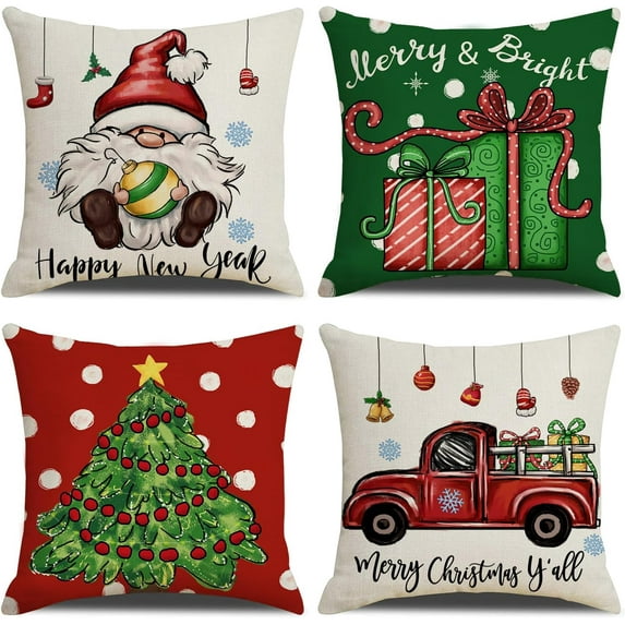 Christmas Throw Pillow Covers 16x16 Set of 4 Xmas Series Holiday Cushion Pillow Cover Christmas Decorations for Sofa Couch Bed Farmhouse Outdoor Living Room (Red and Green)