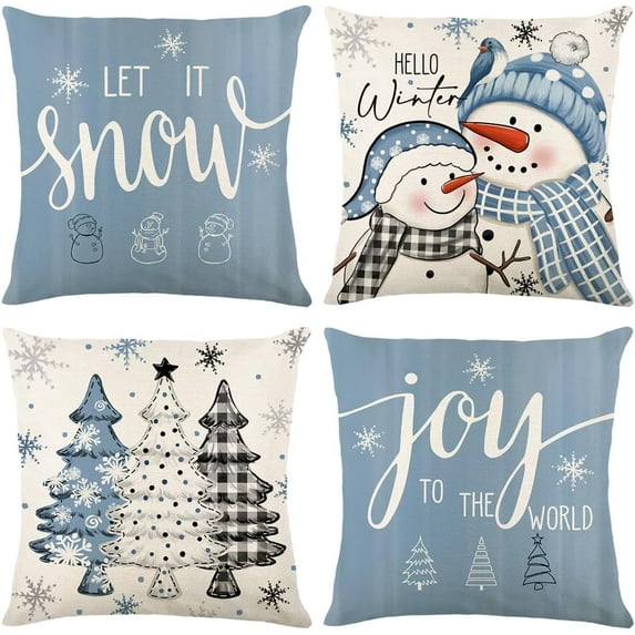 Christmas Throw Pillow Covers 18 x 18 Inch Set of 4, Winter Snowman Pillowcases Snowflake Xmas Tree Winter Holiday Cushion Case Decoration for Sofa Couch