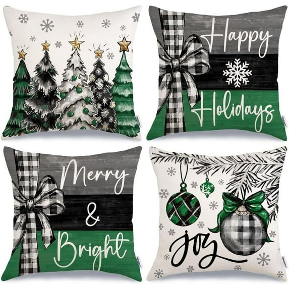 Christmas Throw Pillow Covers 18 x 18 Inch Set of 4, Xmas Trees Merry and Bright Happy Holidays Farmhouse Decorative Cushion Cases for Home Decoration G584-18
