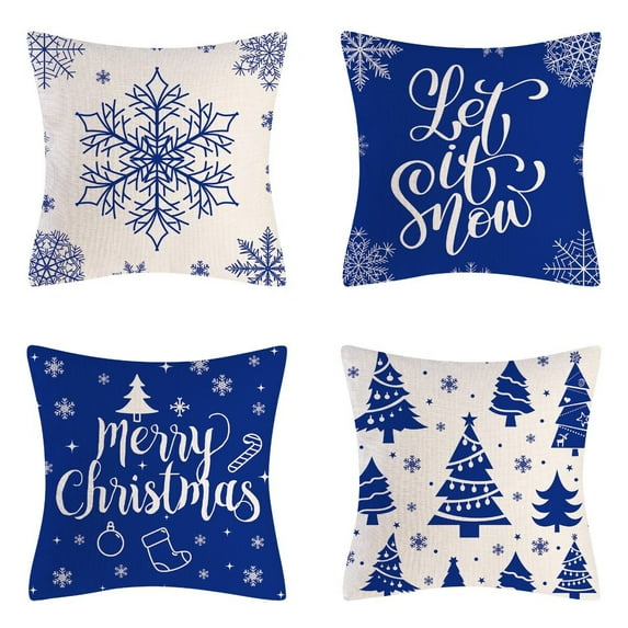 Christmas Throw Pillow Covers 18x18 Inch, Blue Merry Christmas Tree Snowflakes Farmhouse for Winter Holiday Decorative Set of 4