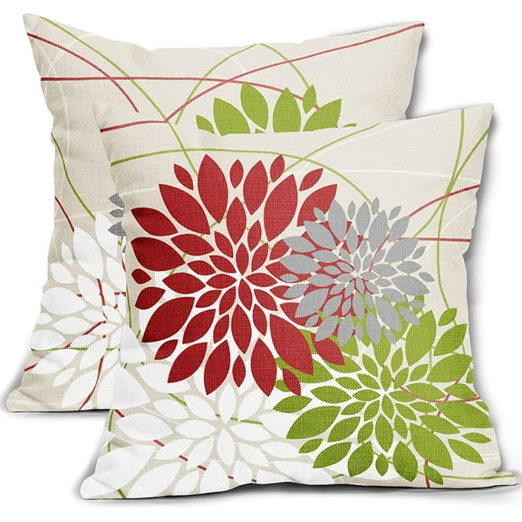 Christmas Throw Pillow Covers 18x18 Inch Bright Red Green Dahlia Flower Decorative Pillows Winter Decorations Outdoor Farmhouse Decor for Sofa Couch Bed Modern Linen Square Cushion Case, Set of 2