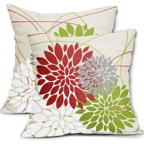 Christmas Throw Pillow Covers 18x18 Inch Bright Red Green Dahlia Flower Decorative Pillows Winter Decorations Outdoor Farmhouse Decor for Sofa Couch Bed Modern Linen Square Cushion Case, Set of 2