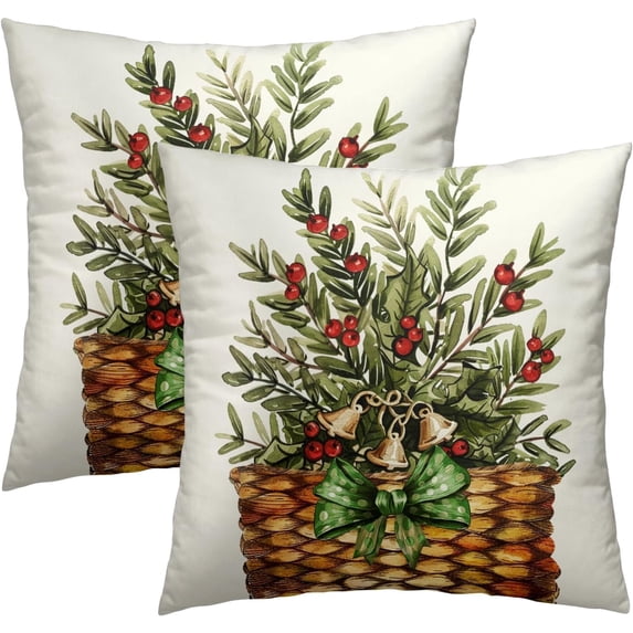Christmas Throw Pillow Covers 18x18 Inch Set of 2 - Red Berry Stems Pine Branches Basket Farmhouse Decorative Pillowcase Cushion Cover for Bedroom Couch Sofa Home Porch Decor