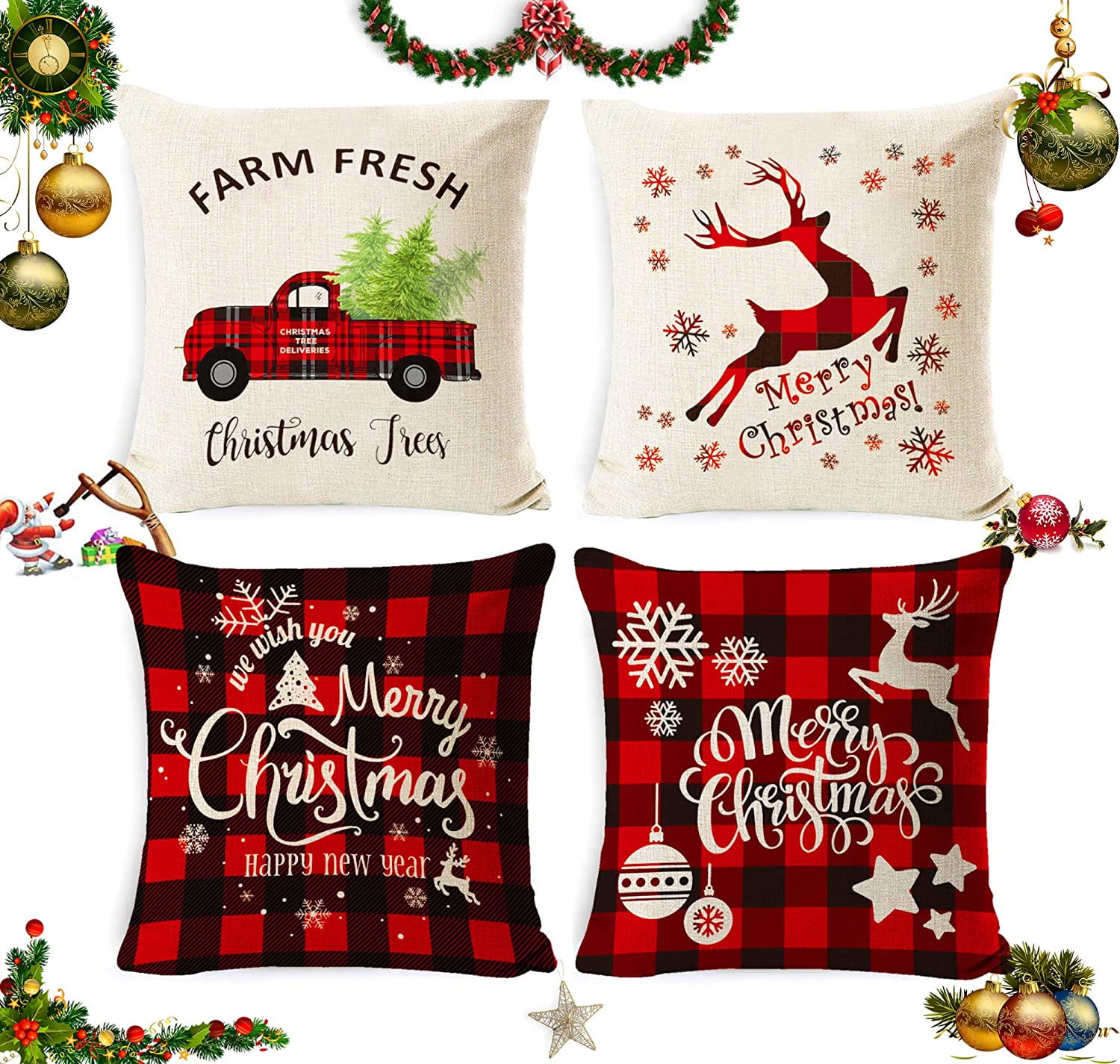 Festive Red and Black Buffalo Plaid Christmas Pillow Covers Set of 4