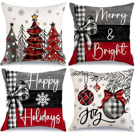 Christmas Throw Pillow Covers 18x18 Inch Set of 4, Xmas Trees Merry and Bright Happy Holidays Farmhouse Decorative Cushion Cases for Home Decoration G632-18