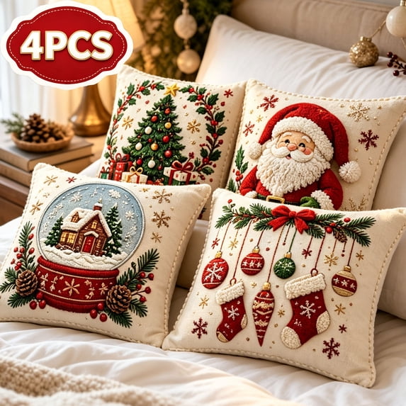 Christmas Throw Pillow Covers 18x18 Inch Set of 4 for Winter Holiday Sofa Couch Decoration, C