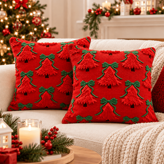 Christmas Throw Pillow Covers 18x18, Pack of 2 3D Christmas Tree Decorative Pillow Covers, Holiday Christmas Pillows for Couch Sofa Home Decor