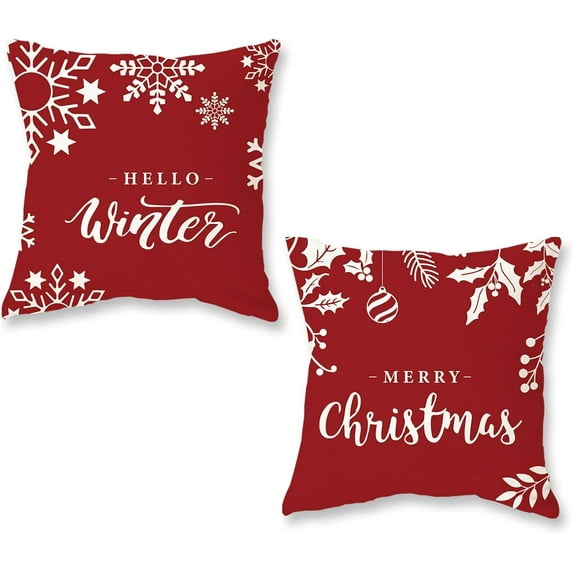 Christmas Throw Pillow Covers 18x18 Set of 2 Red Merry Christmas Decorations Hello Winter Snowflakes Outdoor Farmhouse Xmax Cushion Cases for Sofa Couch Home