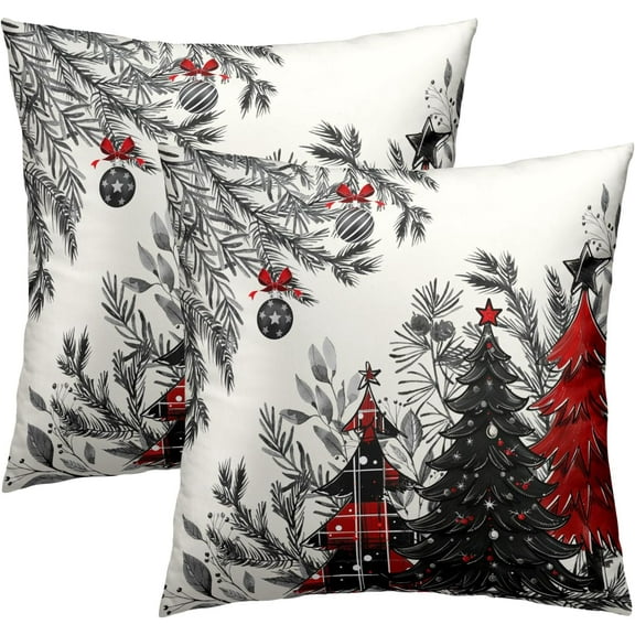 Christmas Throw Pillow Covers 18x18 Set of 2, Rustic Winter Blue Trees Snows Pine Forest Farmhouse Decorative Pillow Cases Cotton Cushion Cover for Home Sofa Couch Decor
