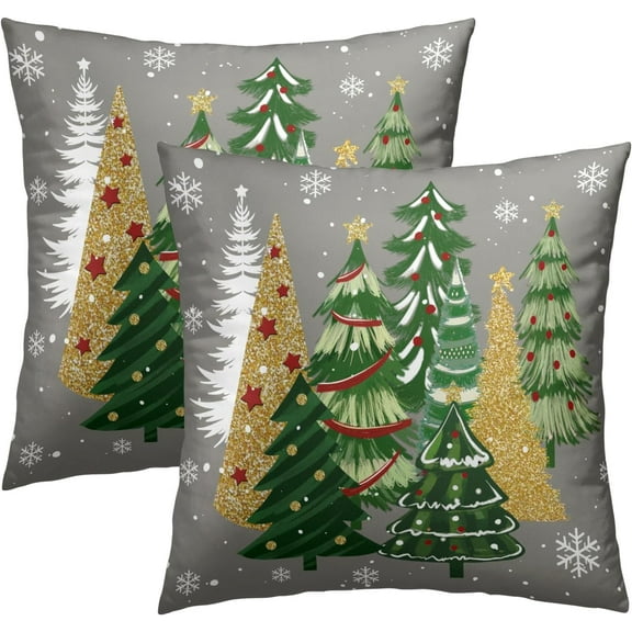 Christmas Throw Pillow Covers 18x18 Set of 2, Rustic Winter Blue Trees Snows Pine Forest Farmhouse Decorative Pillow Cases Cotton Cushion Cover for Home Sofa Couch Decor