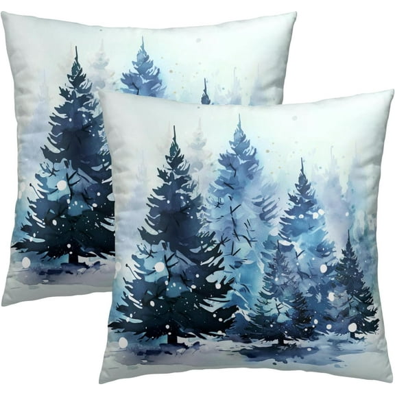 Christmas Throw Pillow Covers 18x18 Set of 2, Rustic Winter Blue Trees Snows Pine Forest Farmhouse Decorative Pillow Cases Cotton Cushion Cover for Home Sofa Couch Decor
