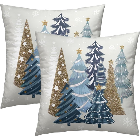 Christmas Throw Pillow Covers 18x18 Set of 2, Rustic Winter Blue Trees Snows Pine Forest Farmhouse Decorative Pillow Cases Cotton Cushion Cover for Home Sofa Couch Decor