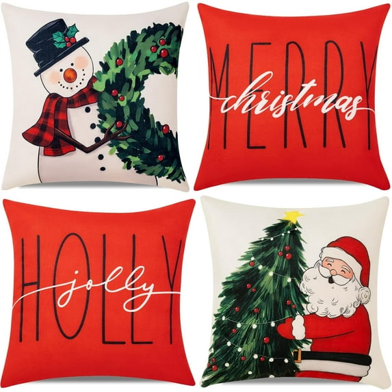 Christmas Throw Pillow Covers 18x18 in Set of 4 Decorations,Decorative Snowman Santa Pillow Case for Couch Sofa Winter Holiday Indoor Outdoor Home Red White Xams Decor