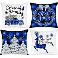 thumbnail image 1 of Christmas Throw Pillow Covers 18x18 Set of 4, Decorative Holiday Farmhouse Merry Xmas 18 x 18 Buffalo Check Plaid Cushion Pillow Cases for Outdoor Indoor Home House Room Couch Decor (Blue), 1 of 6