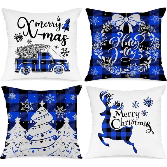 Christmas Throw Pillow Covers 18x18 Set of 4, Decorative Holiday Farmhouse Merry Xmas 18 x 18 Buffalo Check Plaid Cushion Pillow Cases for Outdoor Indoor Home House Room Couch Decor (Blue)