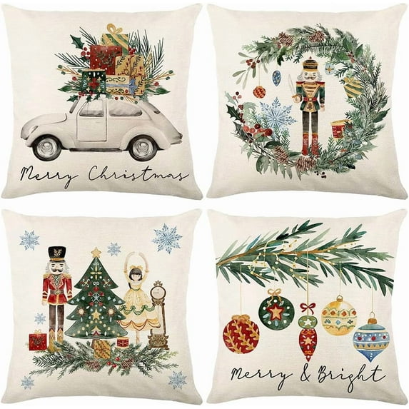 Christmas Throw Pillow Covers 18x18 Set of 4, Merry Christmas Tree Gnome Red Truck Candy Cane Xmas Farmhouse Decorations Rustic Winter Holiday Couch Cover for Sofa Bedroom Home Outdoor