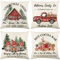 Christmas Throw Pillow Covers 18x18 Set of 4, Merry Christmas Tree Gnome Red Truck Candy Cane Xmas Farmhouse Decorations Rustic Winter Holiday Couch Cover for Sofa Bedroom Home Outdoor