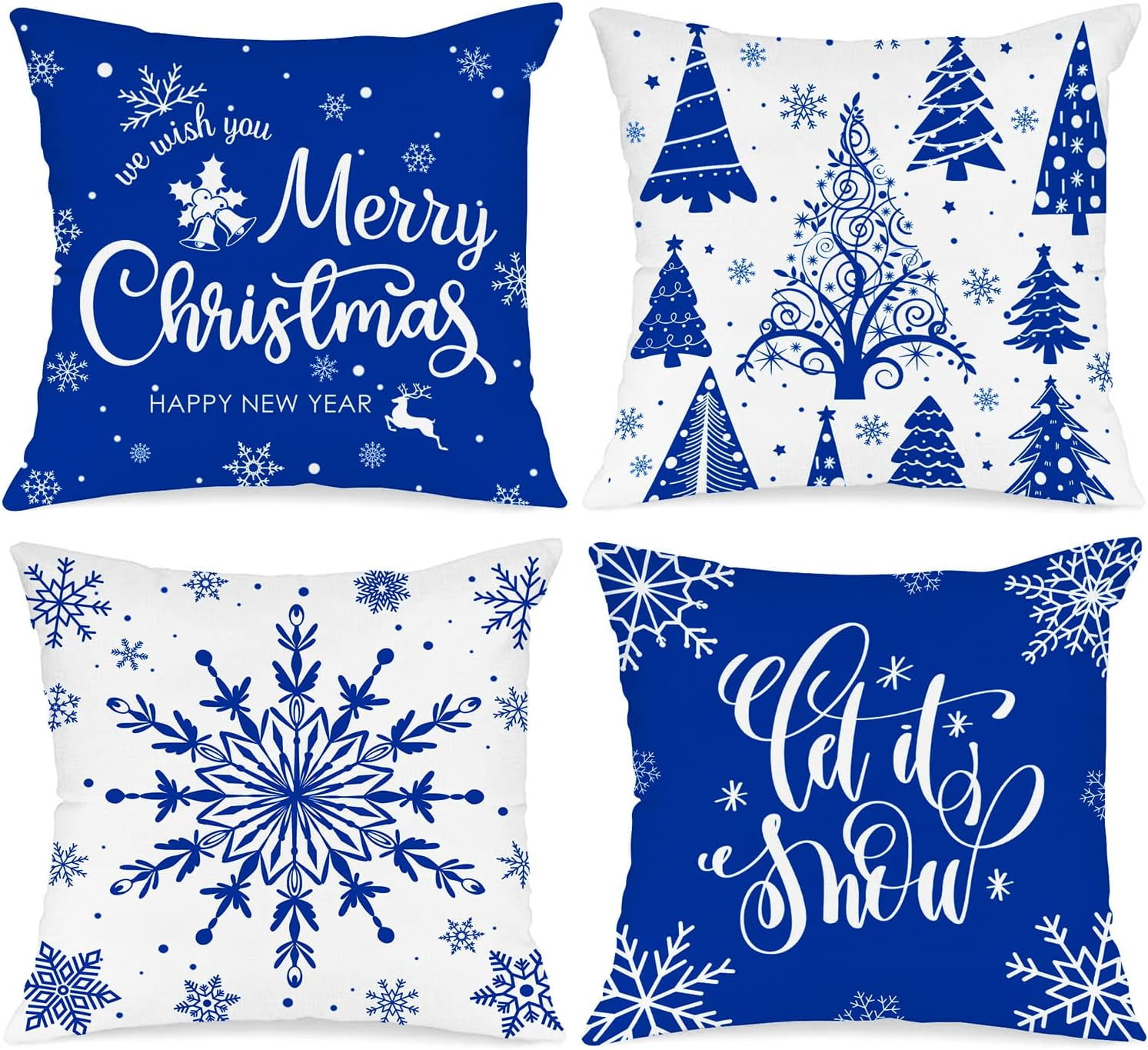 Christmas Throw Pillow Covers 18x18 Set of 4, Merry Christmas Winter Xmas Snowflake Decorative Holiday Cushion Pillow Cases 18 x 18 for Outdoor Indoor Farmhouse Home Room Couch Decor (Blue)