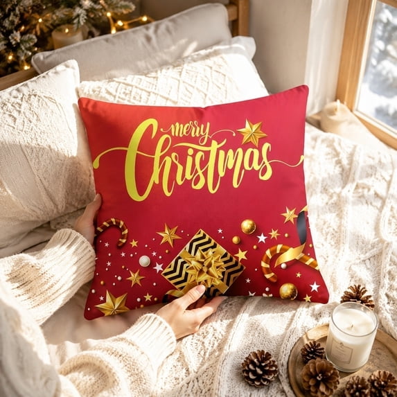 WeDecorBay Red Gold Christmas Throw Pillow Cover, Soft Decorative Pillow Case with Hidden Zipper for Sofa Couch Bedroom Decor, 18 x 18 Inches